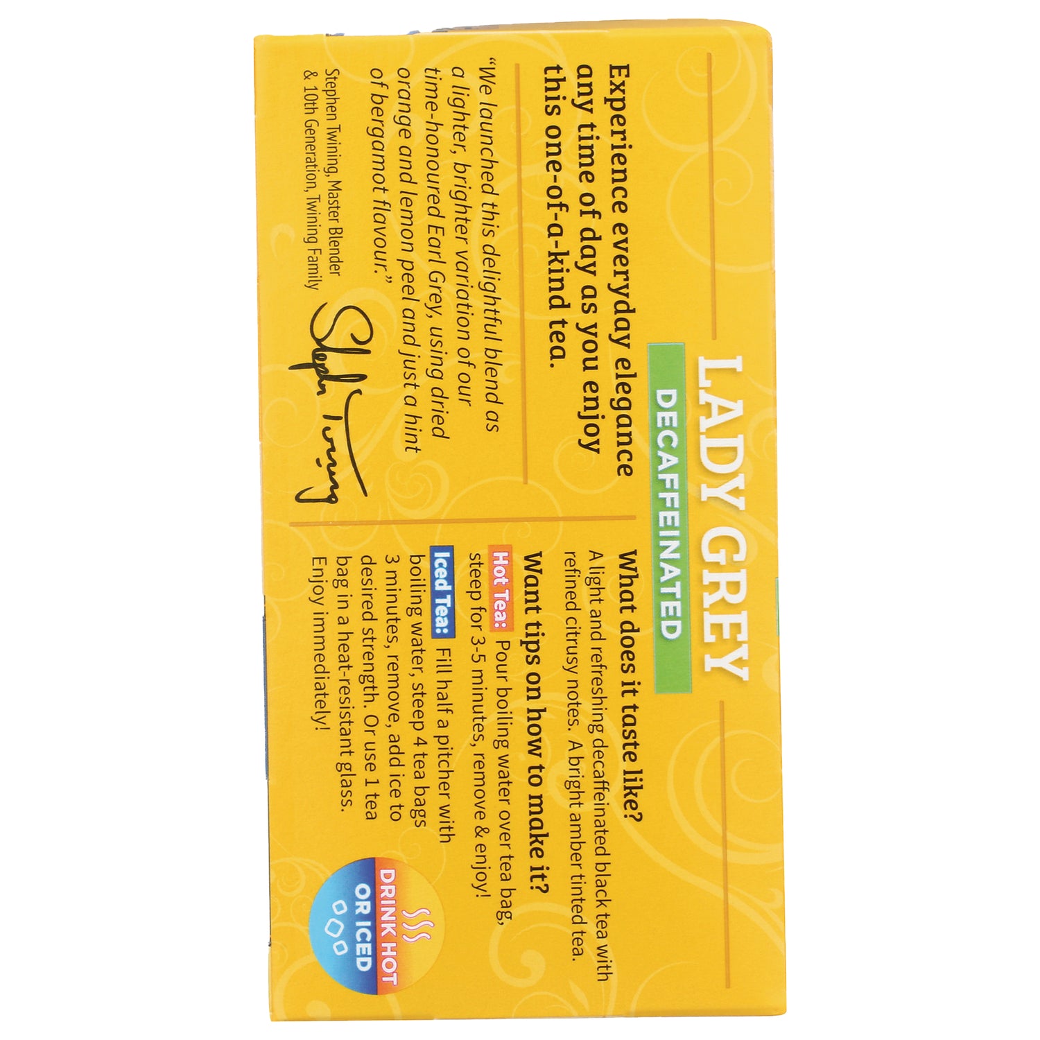 TWN018 | Lady Grey Decaffeinated tea box side with flavor notes and hot/iced brew tips