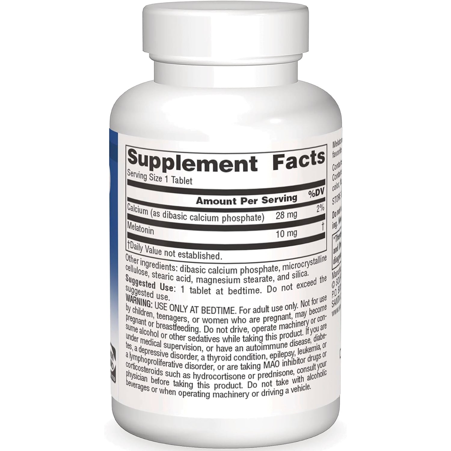 SN696 | Back of supplement bottle showing Supplement Facts panel for calcium and melatonin tablets