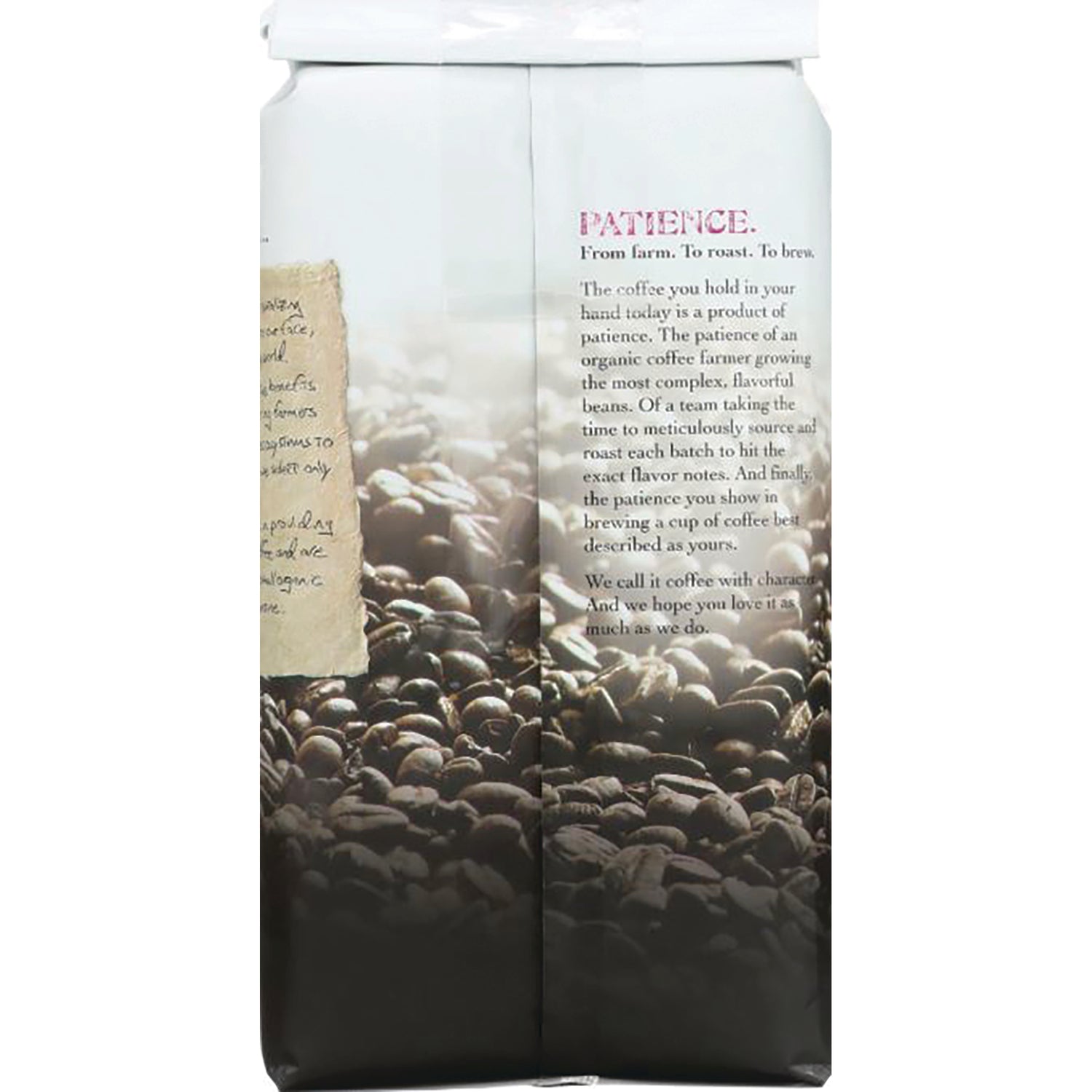 JOC003 | Back of coffee bag showing coffee bean image, PATIENCE heading and product story text
