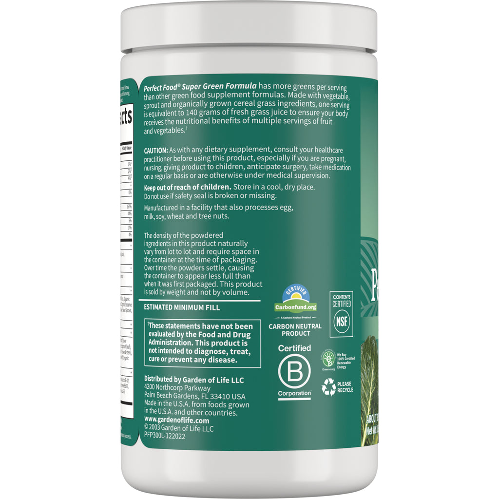 GLF002 | Back label of green supplement jar showing caution statement, estimated fill, certifications and distributor info - Thumbnail