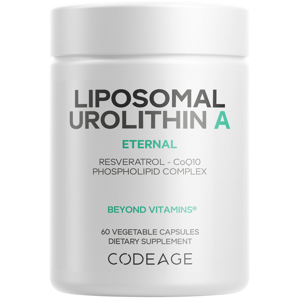 White bottle labeled LIPOSOMAL UROLITHIN A ETERNAL, 60 capsules dietary supplement by CODEAGE - Thumbnail