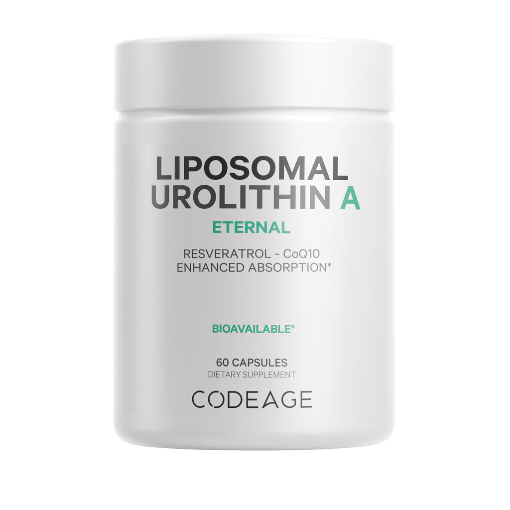 White bottle labeled LIPOSOMAL UROLITHIN A ETERNAL, 60 capsules dietary supplement by CODEAGE - Thumbnail
