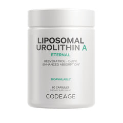 White bottle labeled LIPOSOMAL UROLITHIN A ETERNAL, 60 capsules dietary supplement by CODEAGE