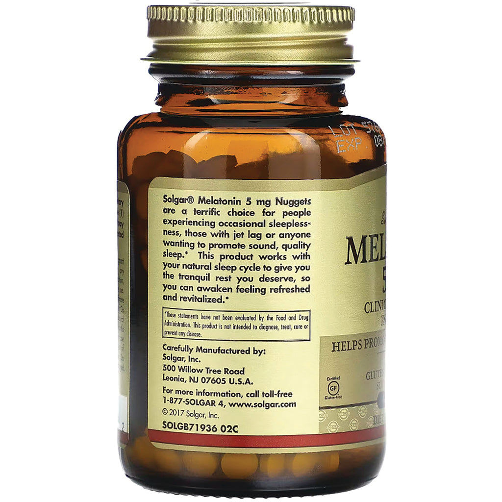 SLG352 | back label of amber melatonin supplement bottle showing product information, directions and manufacturer details - Thumbnail