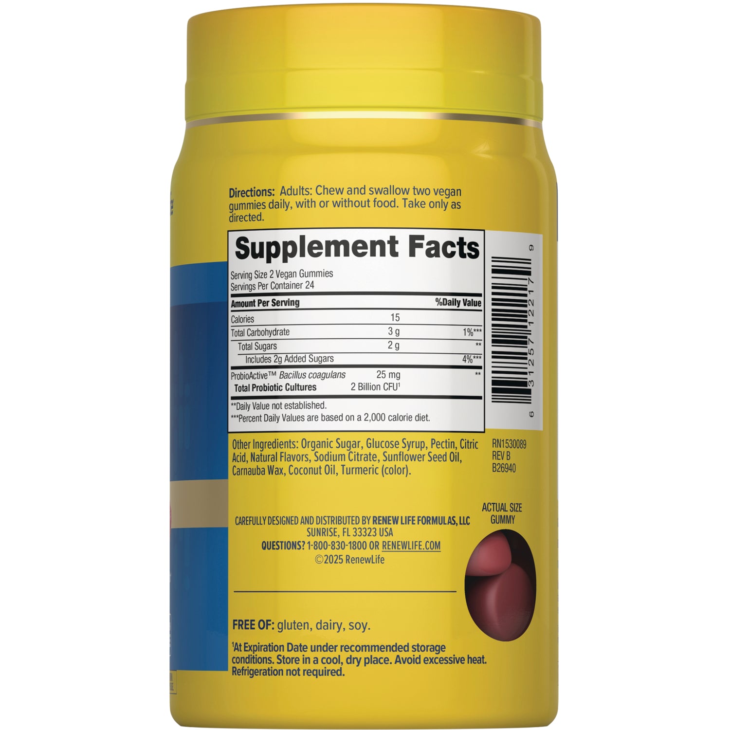 RNL248 | Back label of gummy supplement bottle showing Supplement Facts, directions, and ingredients