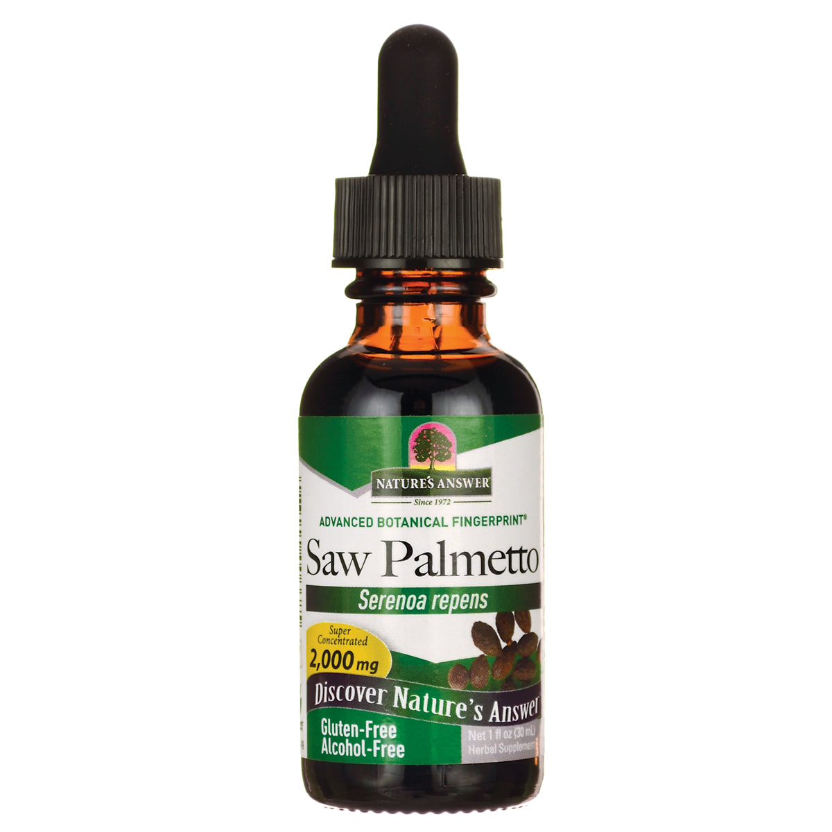 NAT088 | amber dropper bottle of Saw Palmetto Serenoa repens supplement labeled 2,000 mg Gluten-Free Alcohol-Free