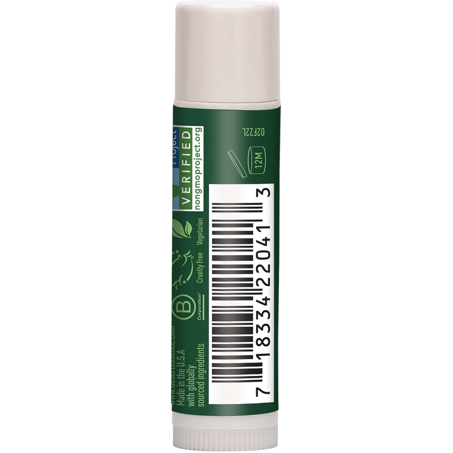 DST054 | Back of green lip balm tube showing barcode and verified cruelty free labels