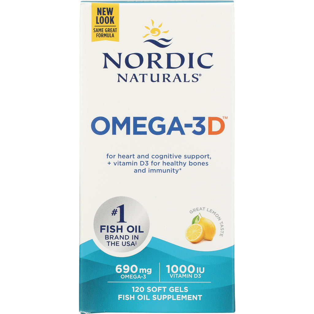 NRN060 | Nordic Naturals OMEGA-3D fish oil supplement front box, 120 soft gels, 690 mg omega-3 and 1000 IU vitamin D3, lemon taste - Thumbnail