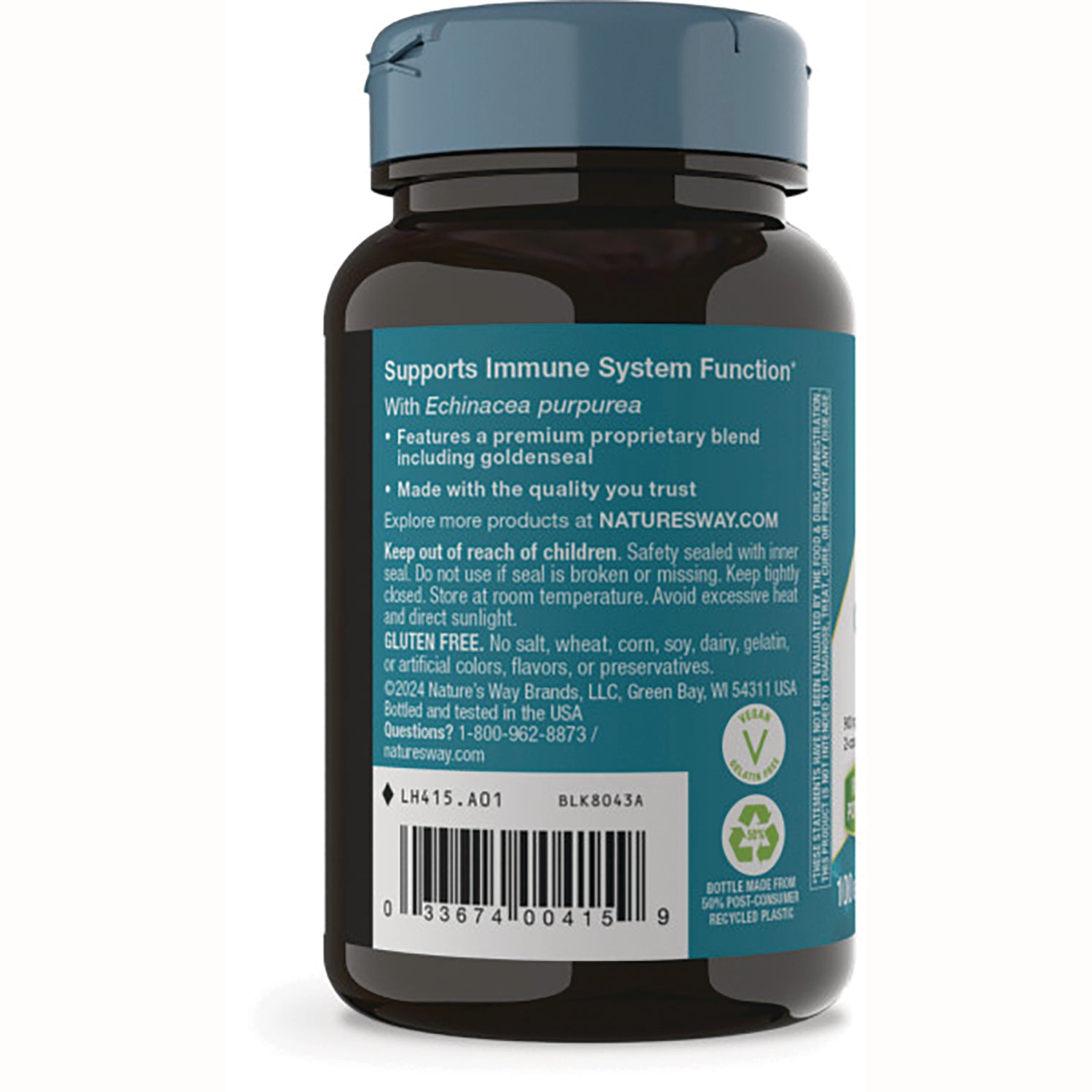 NW073 | Back label of brown supplement bottle showing Supports Immune System Function headline, barcode, and ingredient and safety text