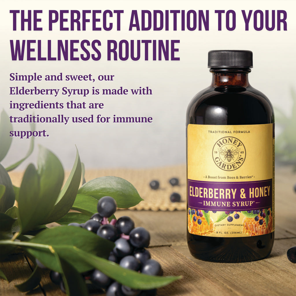 HGR004 | Elderberry & Honey immune syrup bottle with elderberries and leaves on a wood surface and headline The perfect addition to your wellness routine - Thumbnail