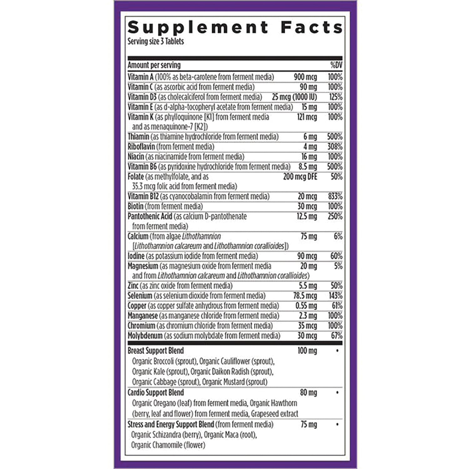 NWC142 | supplement facts label showing vitamins, minerals, blends and serving size information