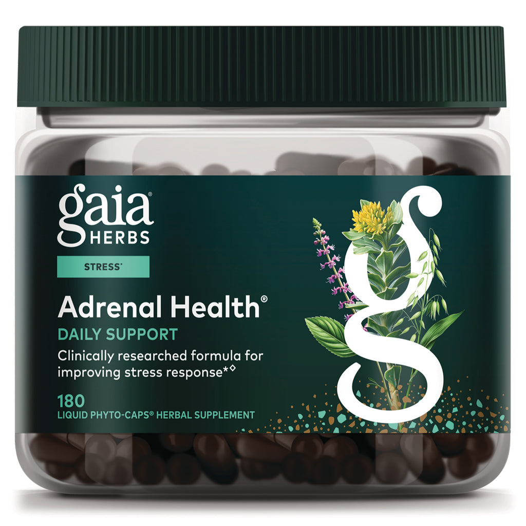 GH174 | Gaia Herbs Adrenal Health daily support supplement jar with visible liquid phyto-caps and botanical label - Thumbnail
