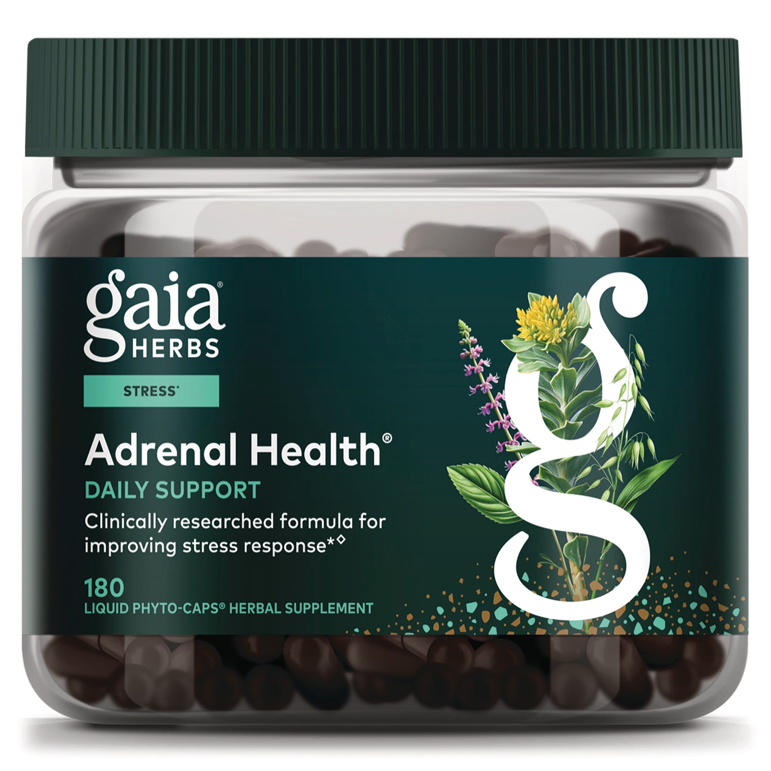 GH174 | Gaia Herbs Adrenal Health daily support supplement jar with visible liquid phyto-caps and botanical label
