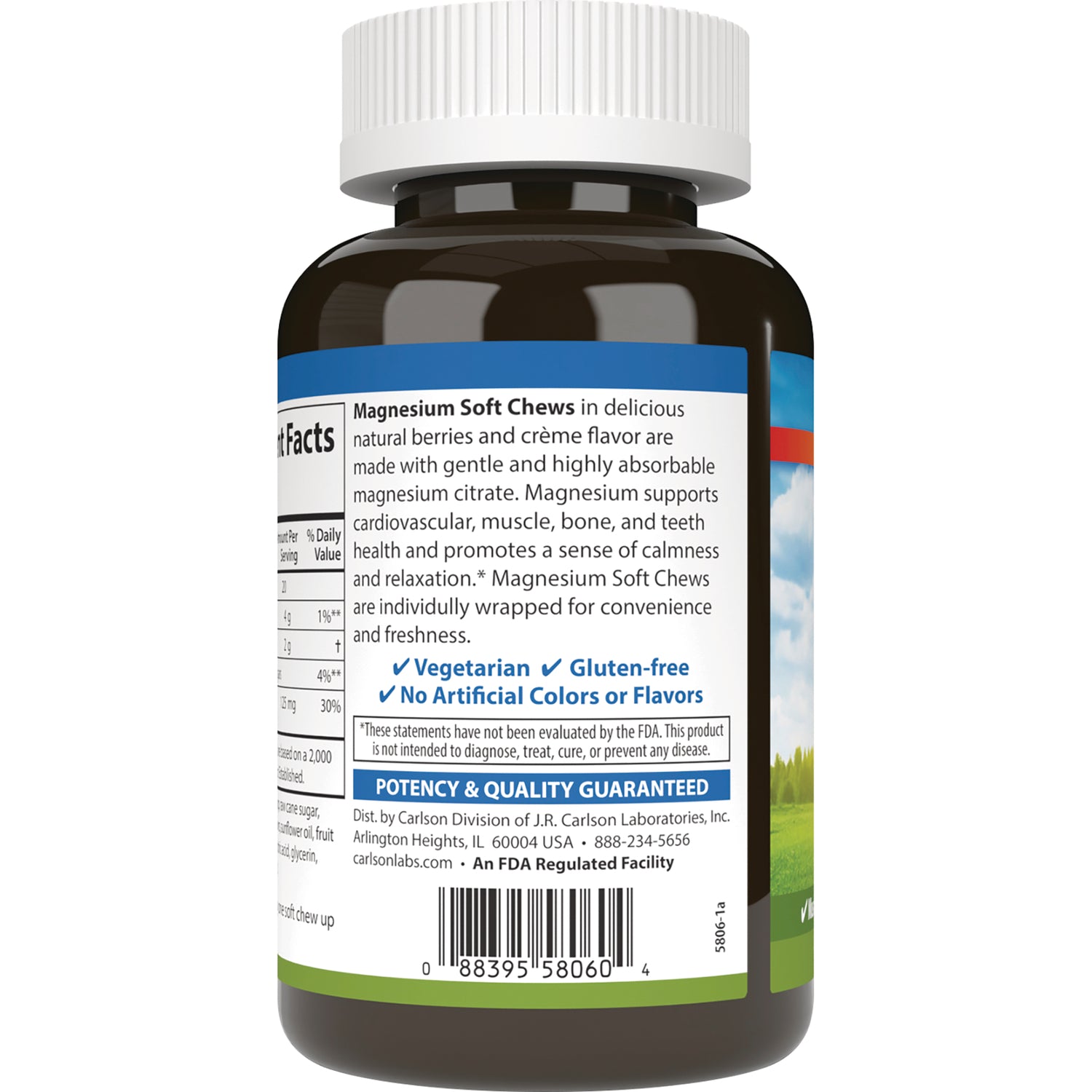CSN310 | Back label of Magnesium Soft Chews bottle showing supplement facts, claims, and barcode
