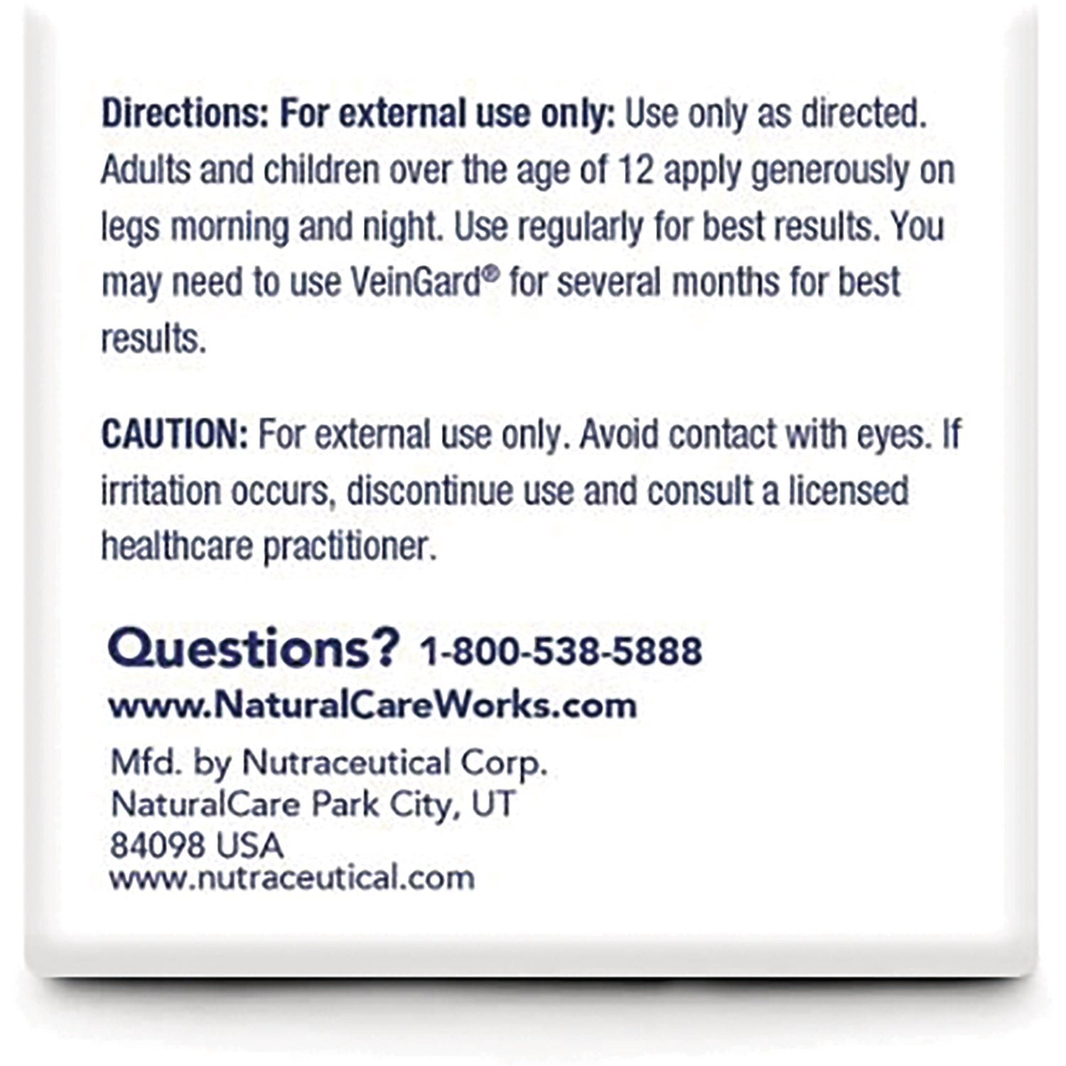 NAC40 | back panel with directions, caution, and contact info for NaturalCareWorks including phone 1-800-538-5888