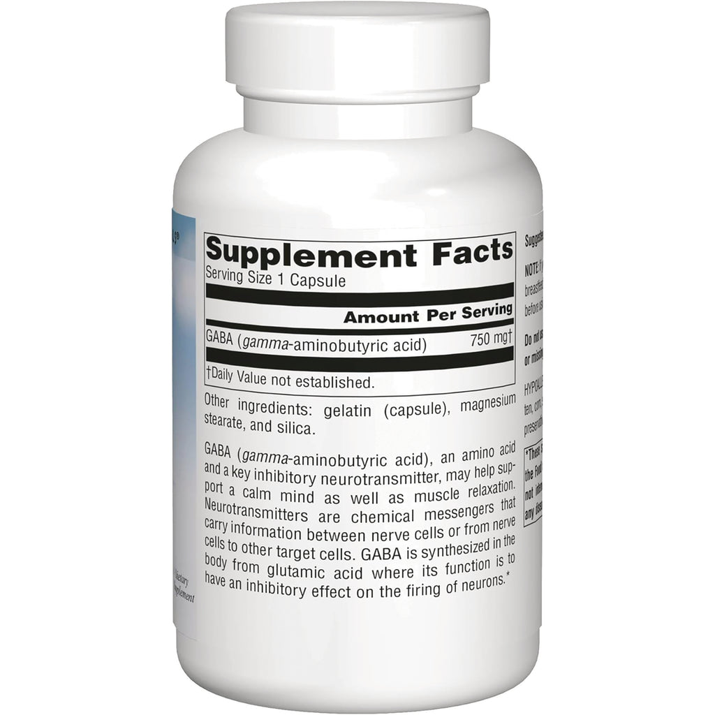 SN482 | Back label with Supplement Facts: Serving Size 1 Capsule, GABA 750 mg - Thumbnail