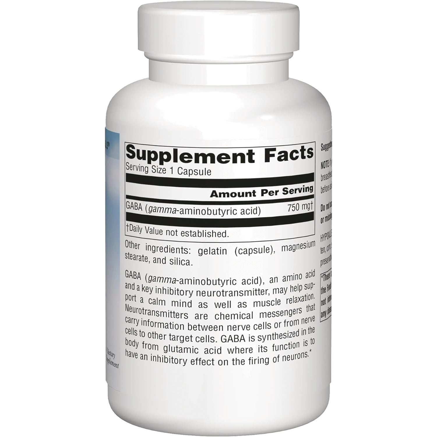 SN482 | Back label with Supplement Facts: Serving Size 1 Capsule, GABA 750 mg