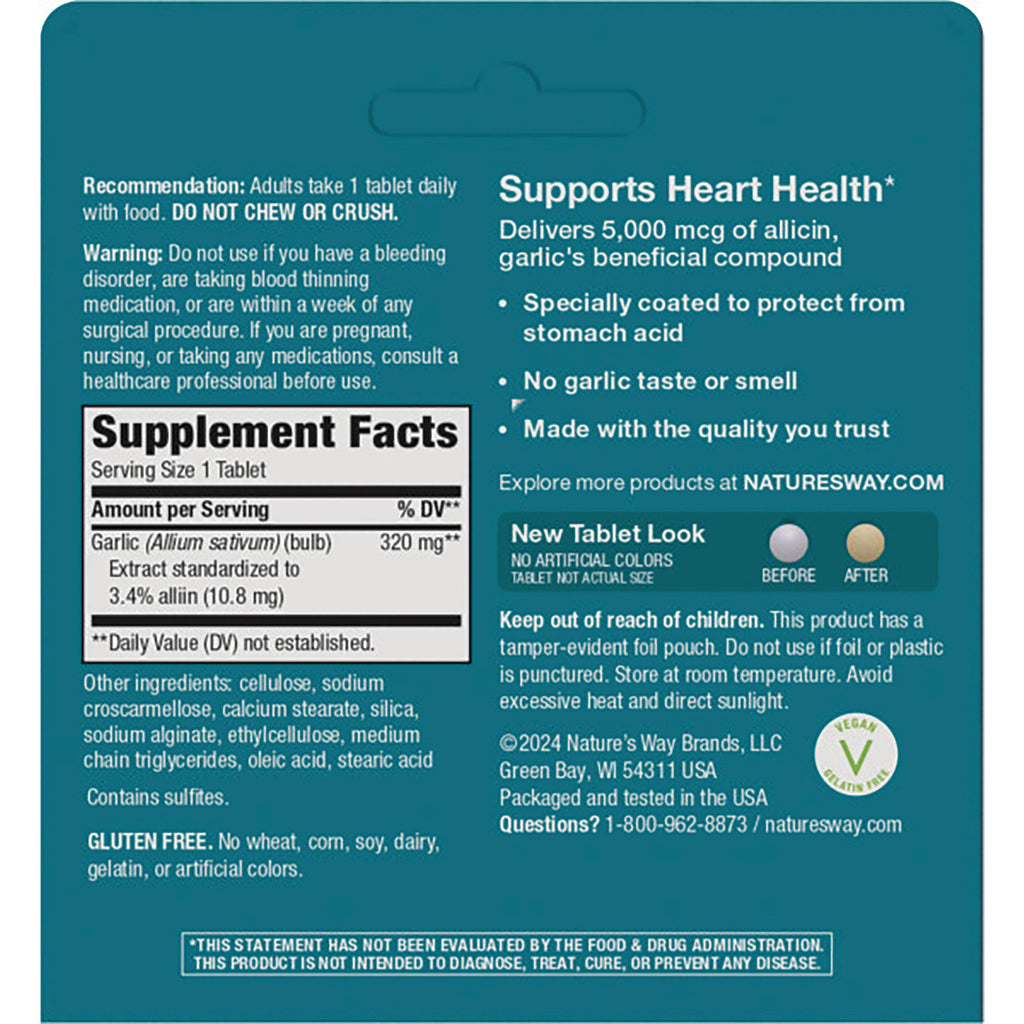 ET228 | Back of teal supplement package showing Supplement Facts panel, dosage and warning text, ingredients, and heart health benefit claims - Thumbnail