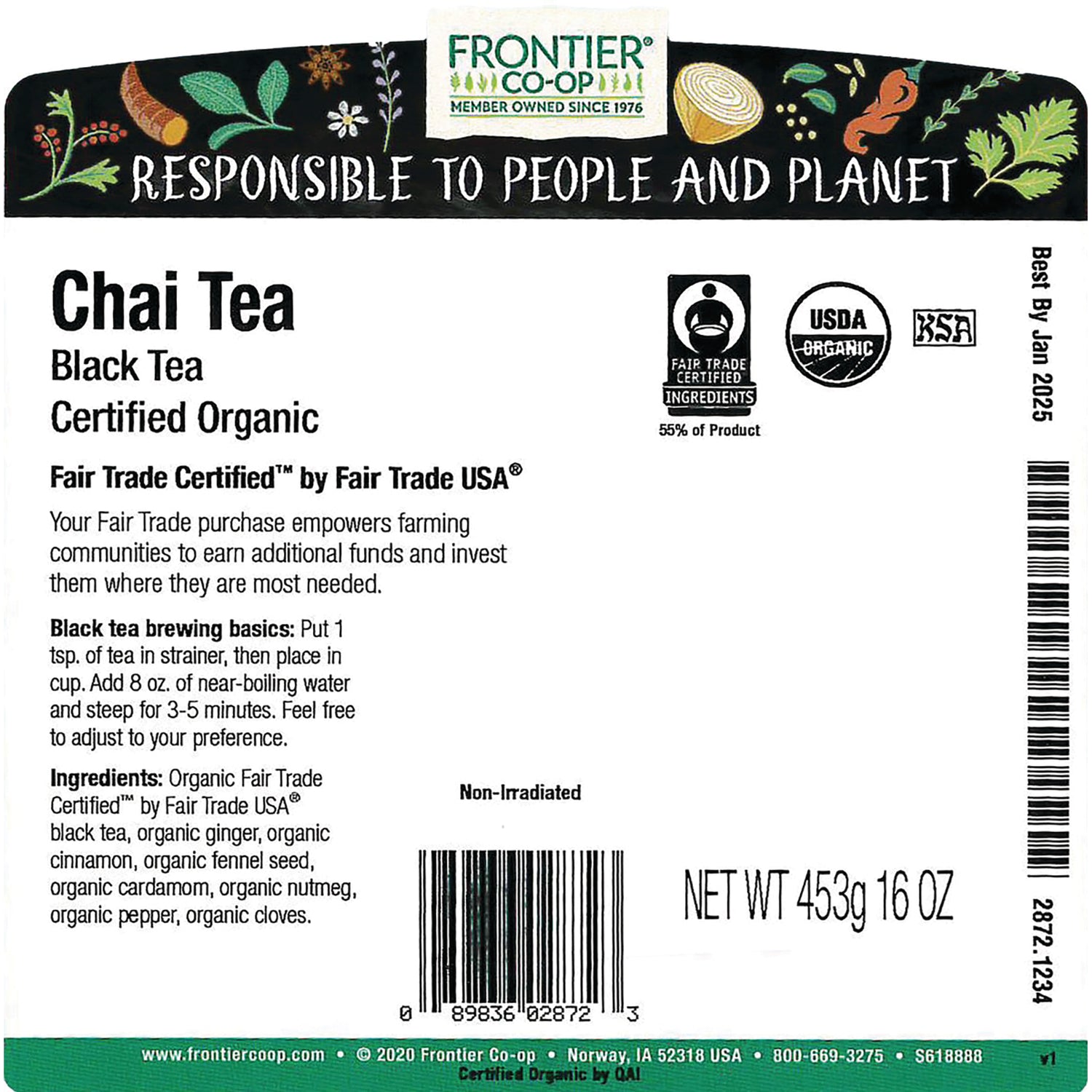 FNP029 | Back label of Frontier Co-op Chai Tea with brewing instructions, ingredients, certifications, and NET WT 453g 16 OZ