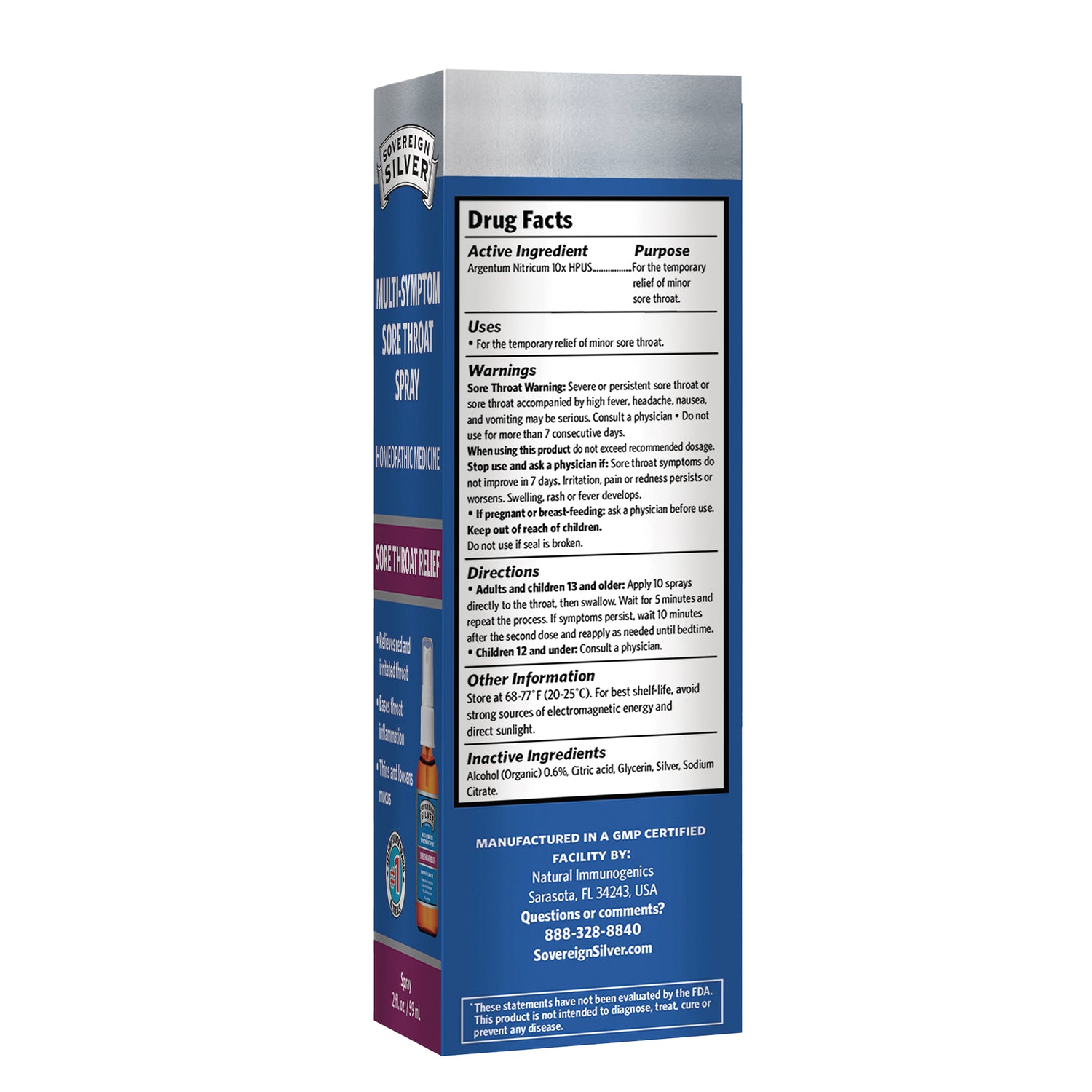 SSL017 | Back panel with Drug Facts and directions for Sovereign Silver sore throat spray, 1 fl oz