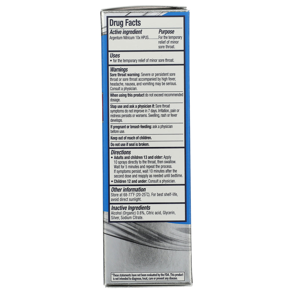 SSL017 | Back panel with Drug Facts and directions for Sovereign Silver sore throat spray, 1 fl oz - Thumbnail