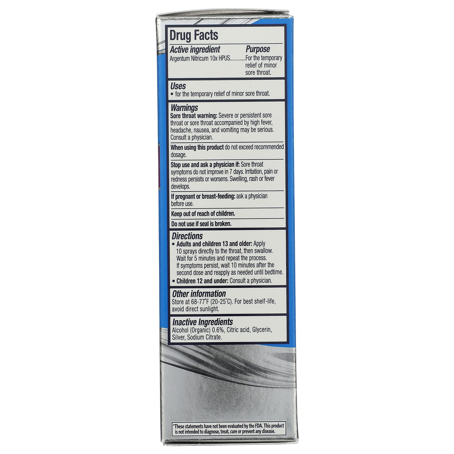 SSL017 | Back panel with Drug Facts and directions for Sovereign Silver sore throat spray, 1 fl oz