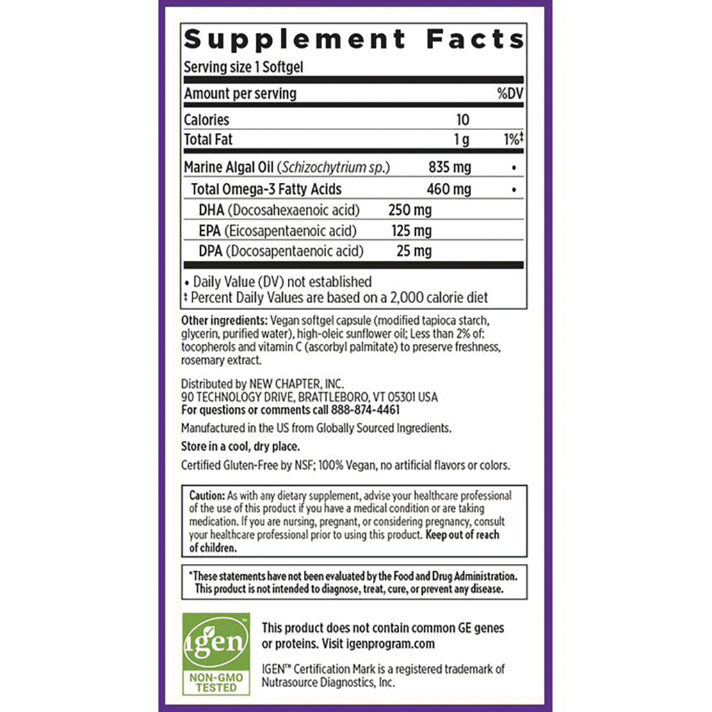NWC371 | Supplement Facts back panel showing serving size, omega-3 amounts, ingredients, cautions and certifications - Thumbnail