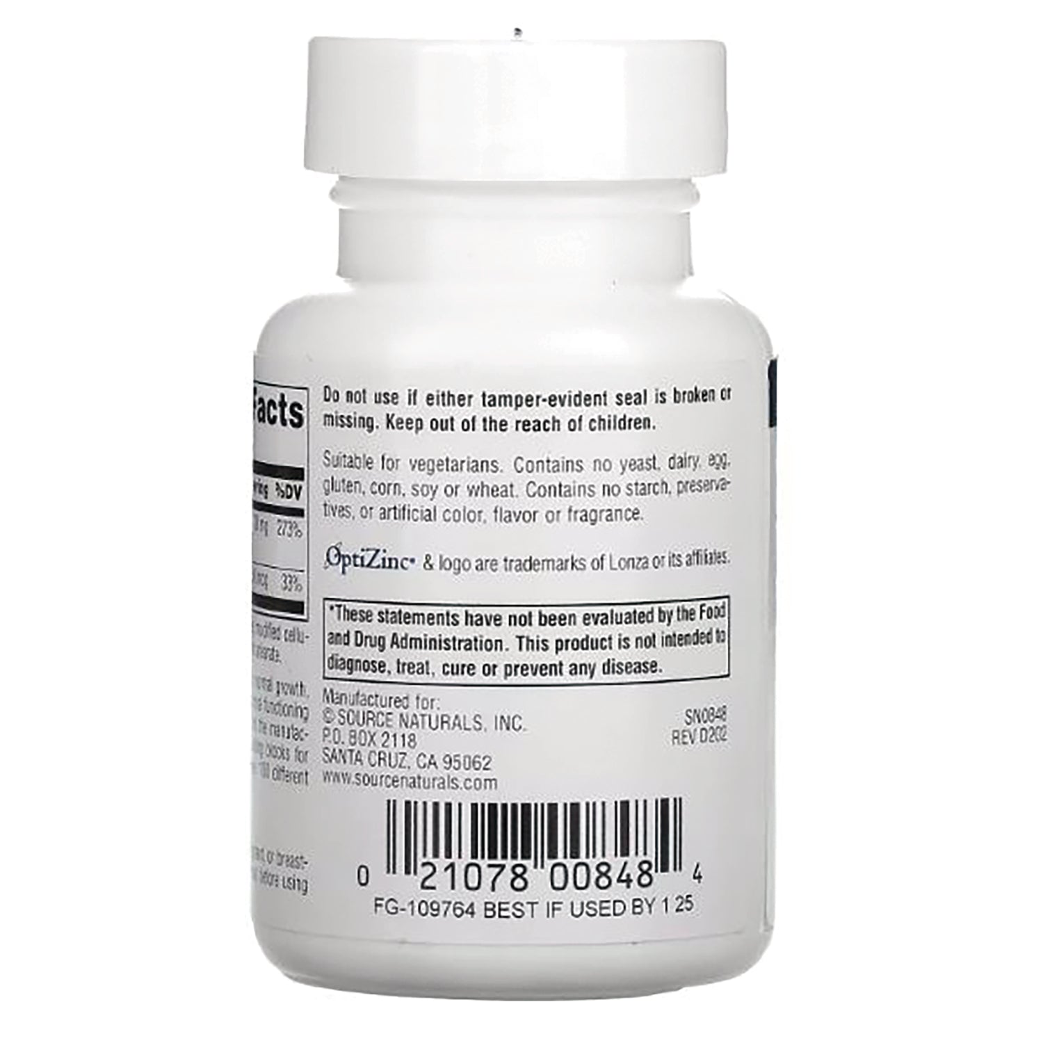 SN313 | Back label with warnings, vegetarian info, FDA disclaimer, and barcode