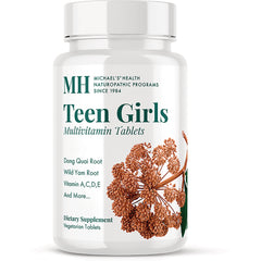 MNP015 | White bottle labeled Teen Girls Multivitamin Tablets with botanical illustration and MH logo