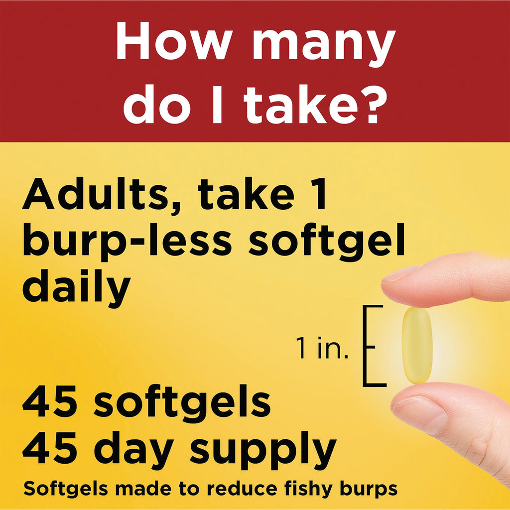 NTM145 | Dosing panel: Adults take 1 burp-less softgel daily; 45 softgels 45 day supply; softgel shown between fingers 1 in. - Thumbnail