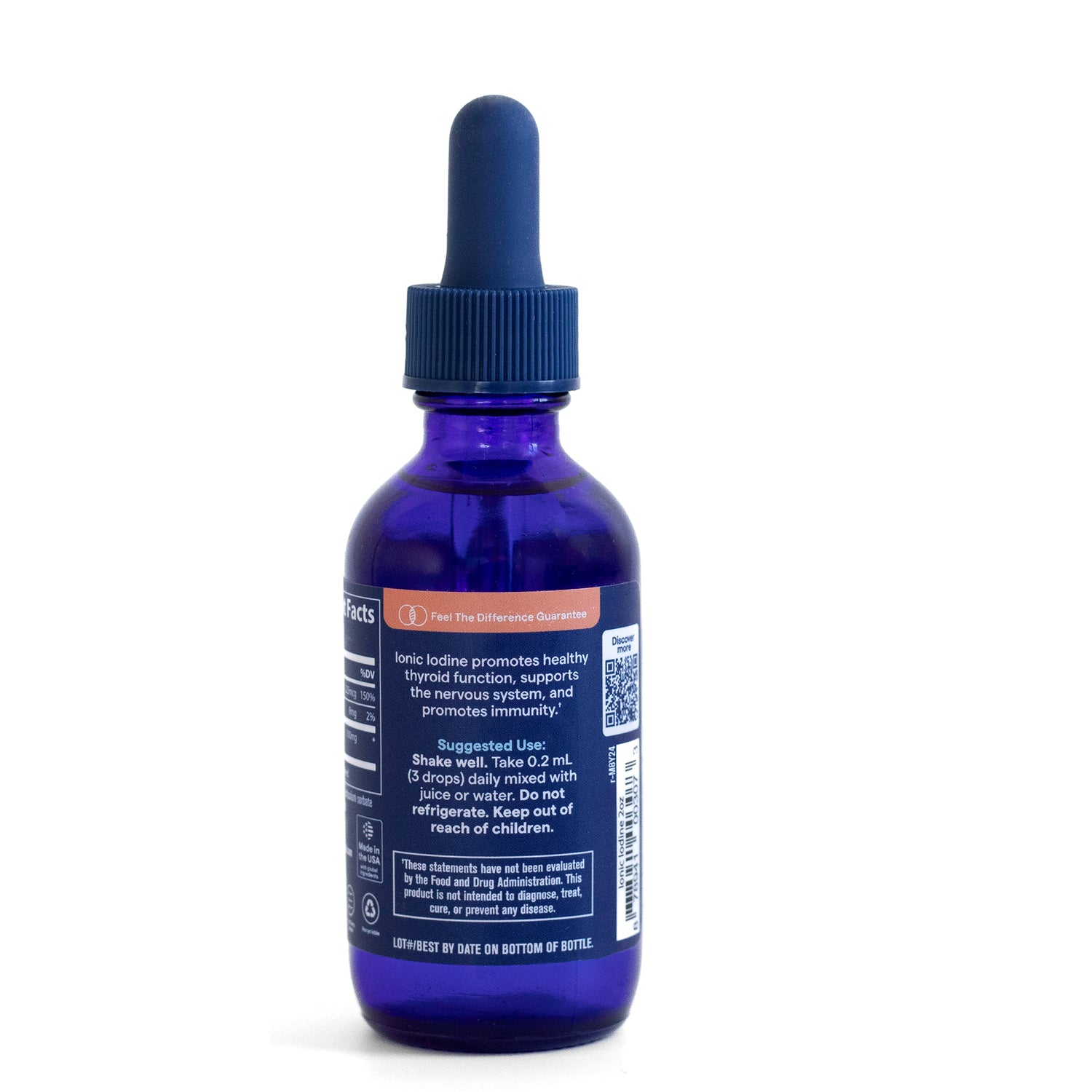 TM083 | Back label of blue iodine dropper bottle with suggested use and 'Shake well. Do not refrigerate' text