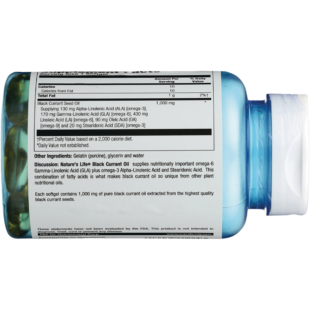 HS025 | back label showing supplement facts and ingredients for black currant oil softgels on a blue bottle - Thumbnail