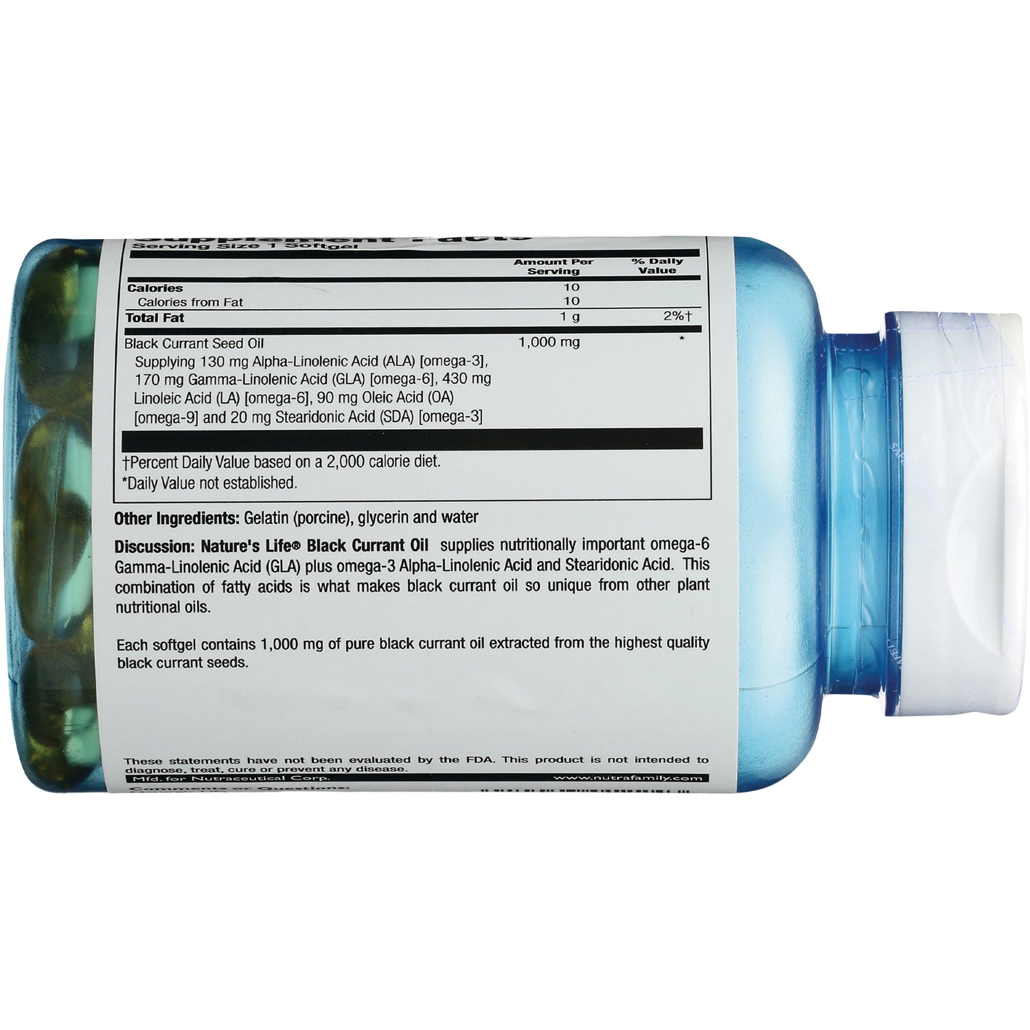 HS025 | back label showing supplement facts and ingredients for black currant oil softgels on a blue bottle