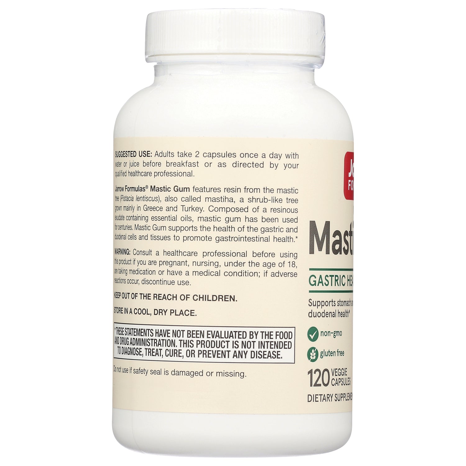 JR323 | back label of white supplement bottle showing suggested use, warnings, and 120 veggie capsules