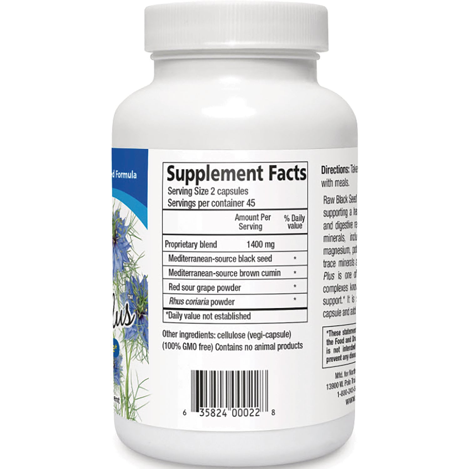 NHS042 | Back of white supplement bottle showing Supplement Facts panel: serving size 2 capsules, proprietary blend 1400 mg, ingredients and barcode