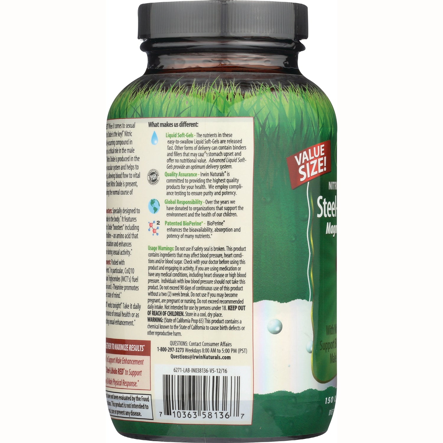 IR096 | back label and product infographic on green supplement bottle showing usage text, barcode, and Value Size callout