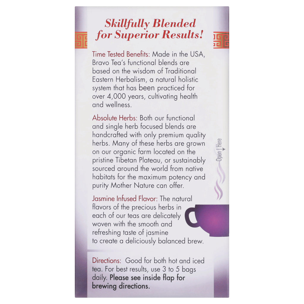 BVT007 | Product infographic titled Skillfully Blended for Superior Results listing benefits, absolute herbs, jasmine flavor and brewing directions - Thumbnail