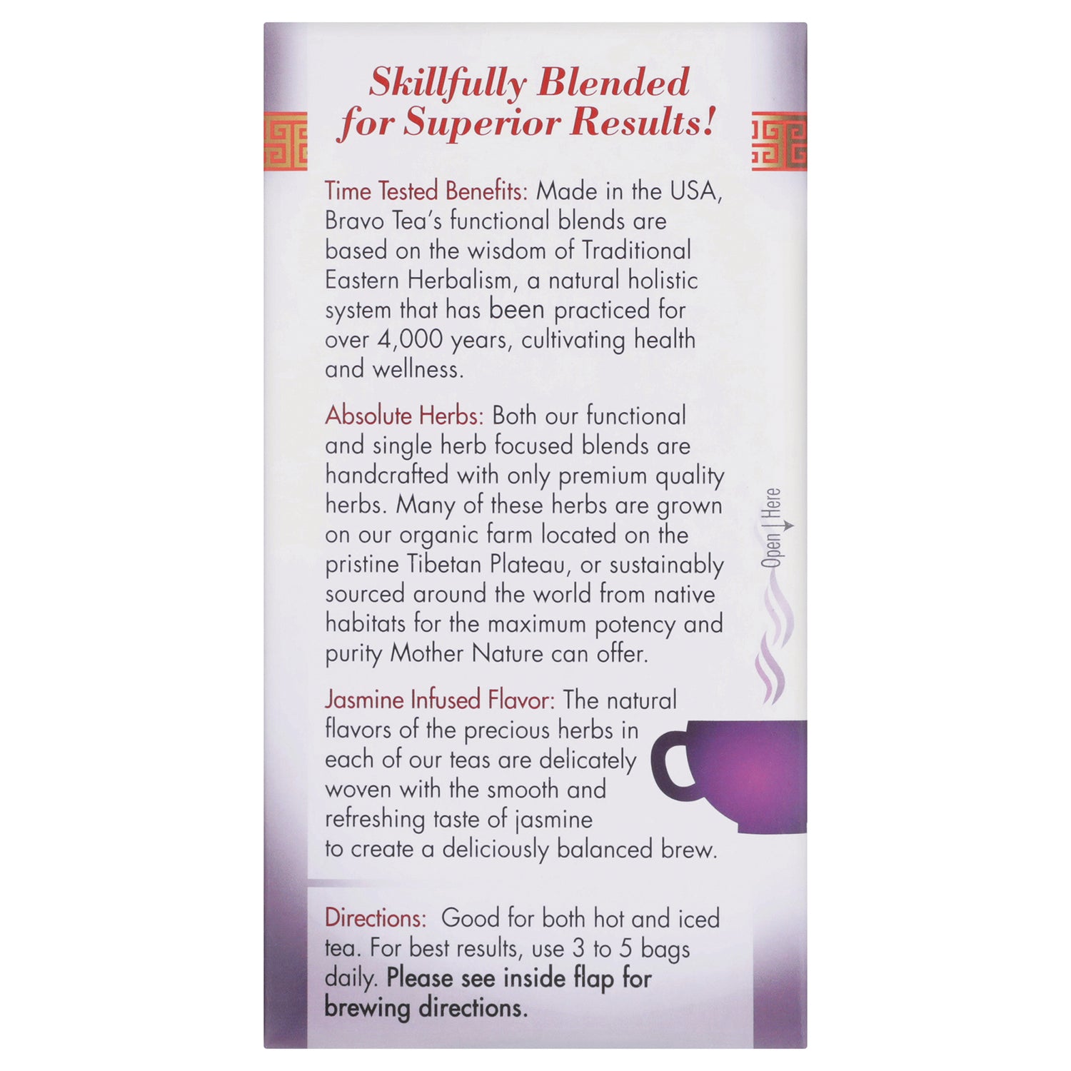 BVT007 | Product infographic titled Skillfully Blended for Superior Results listing benefits, absolute herbs, jasmine flavor and brewing directions