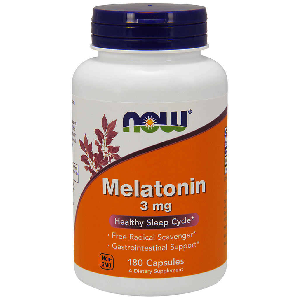 NWF068 | NOW Melatonin 3 mg white bottle with orange label, 180 capsules - Thumbnail