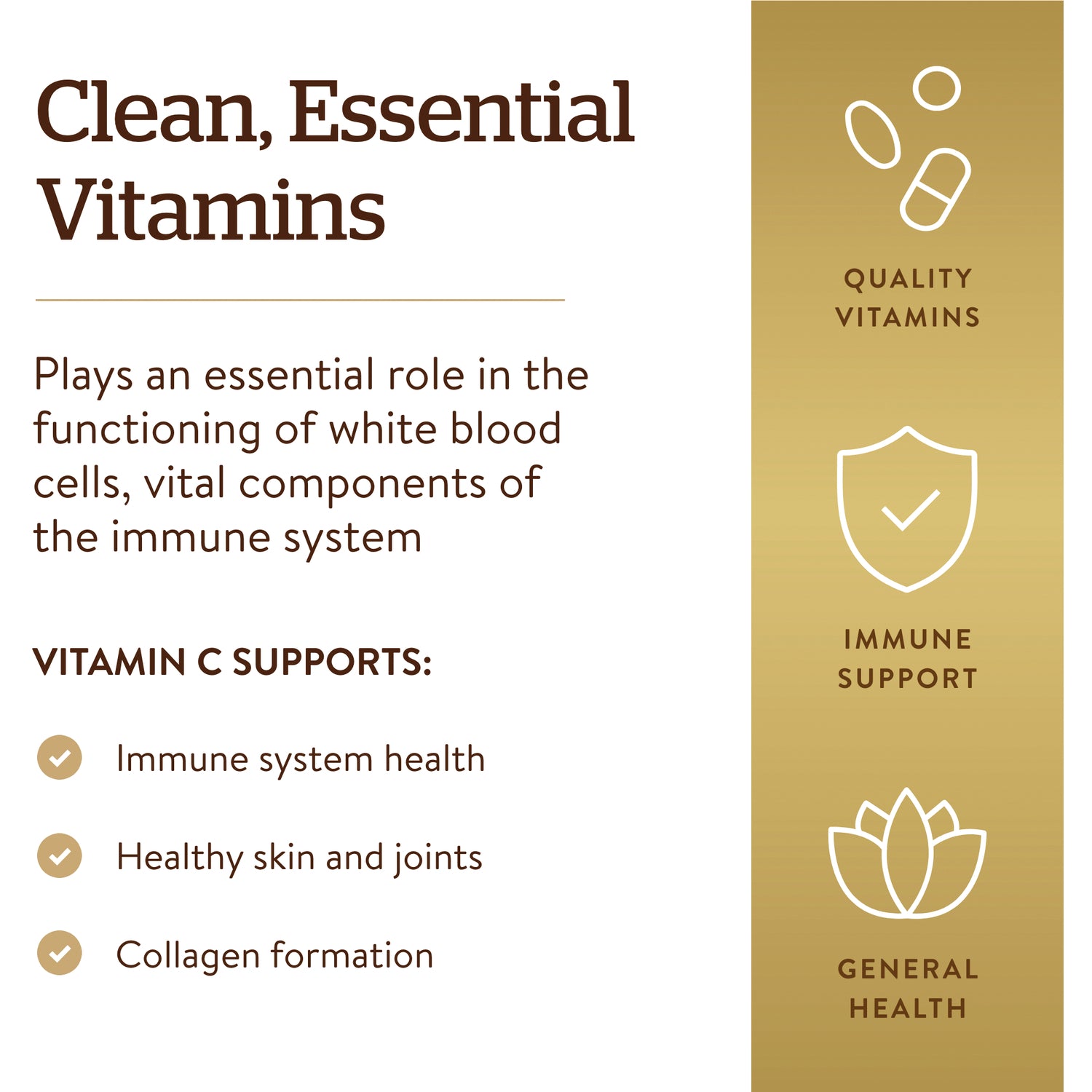 SLG239 | Product infographic listing Vitamin C benefits: immune system health, healthy skin and joints, collagen formation