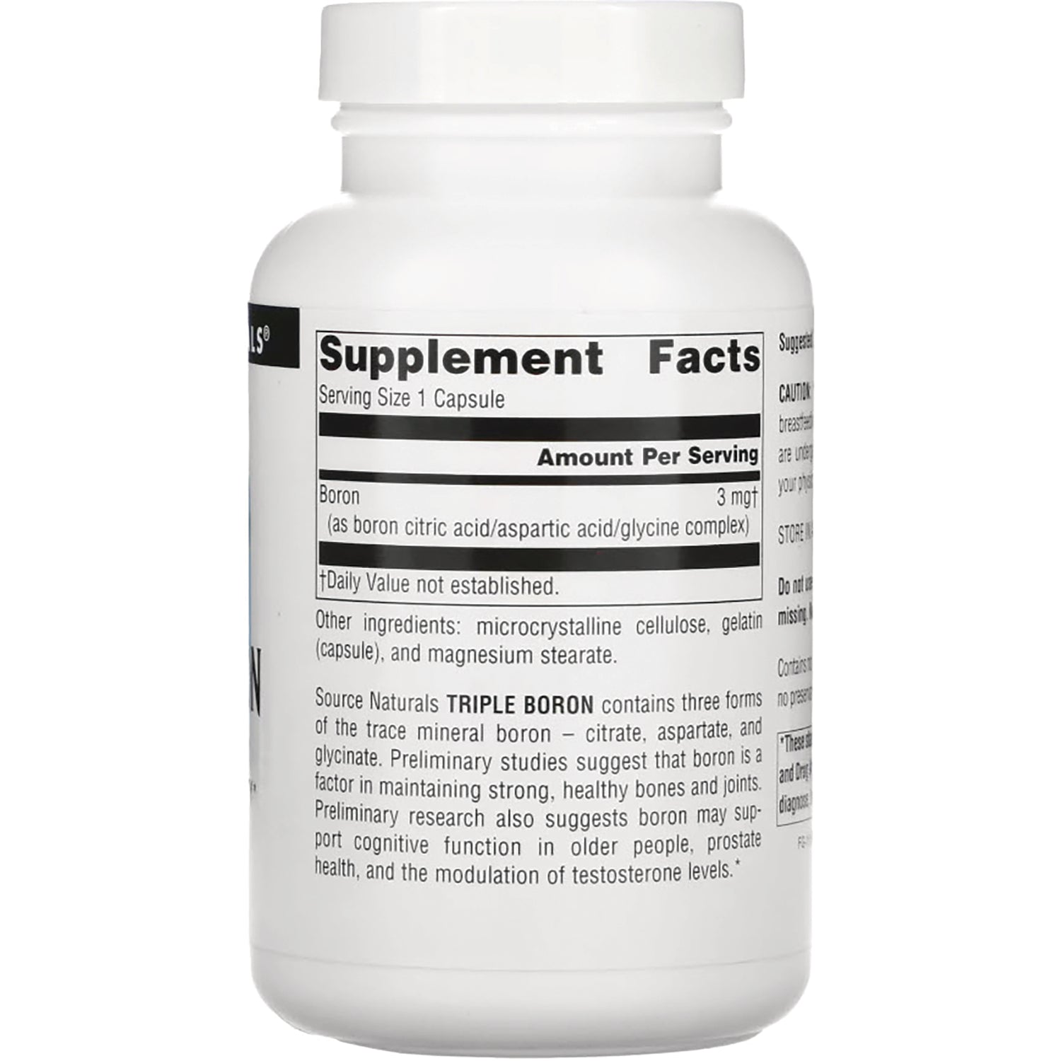 SN829 | Back label with Supplement Facts for Triple Boron, serving size 1 capsule, Boron 3 mg