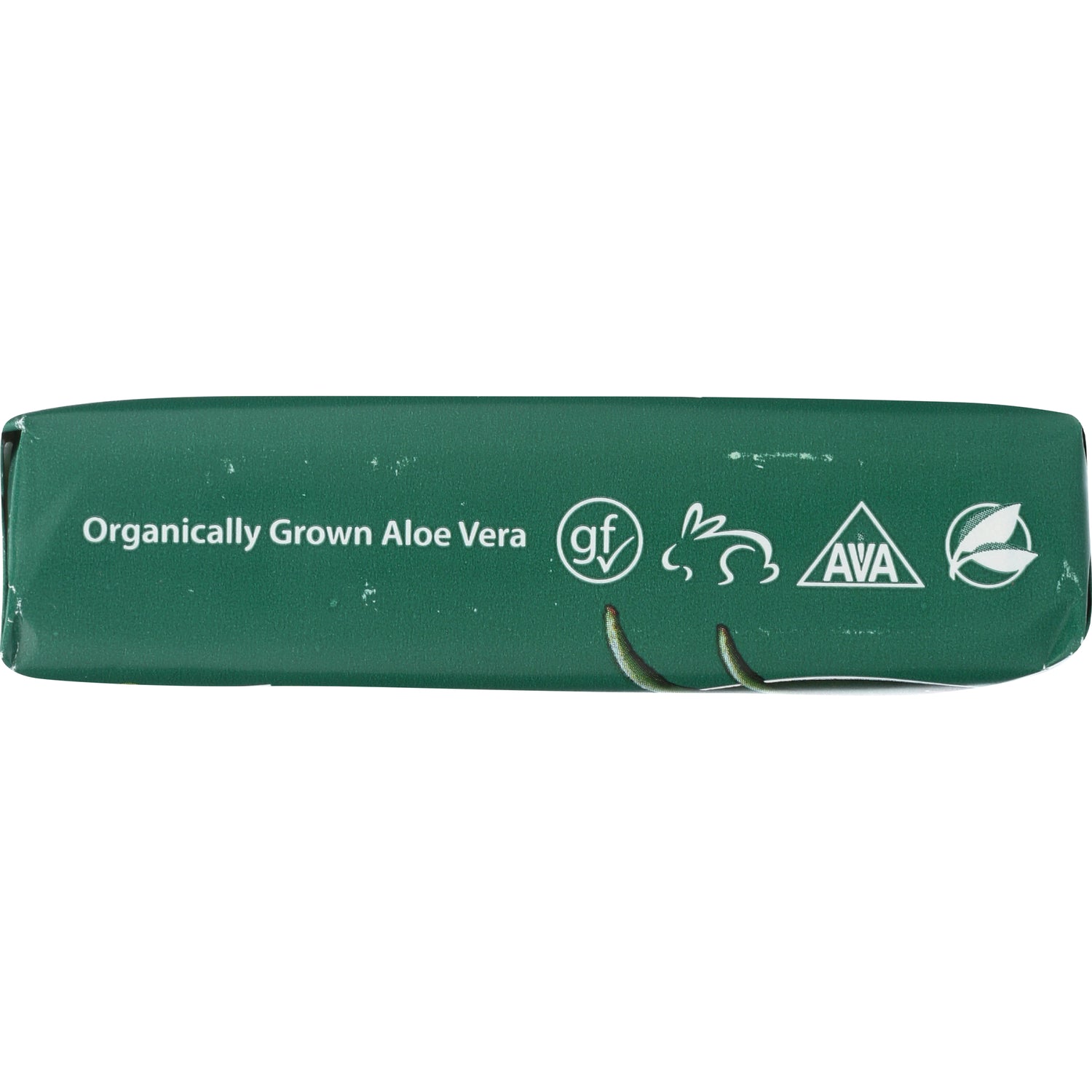 RA008 | green product side showing text Organically Grown Aloe Vera and certification icons (gluten free, cruelty free, AVA, leaf)