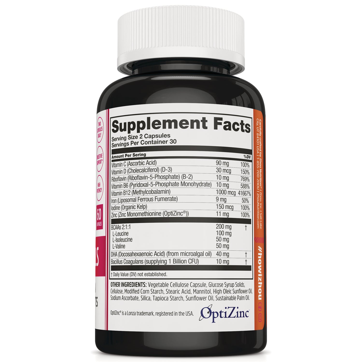 ZOU076 | Back label with Supplement Facts for 2-capsule serving; vitamins C, D3, B-complex, B12, iron, iodine, zinc, BCAAs, DHA