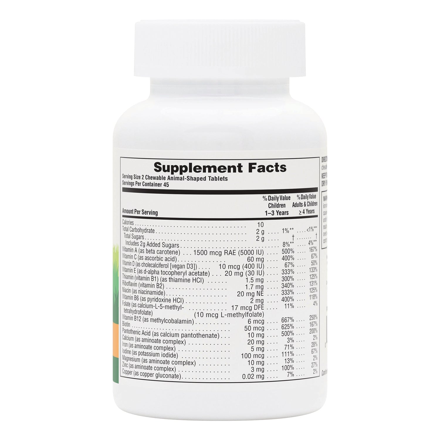 NTP044 | Back of white supplement bottle showing Supplement Facts label and nutrition facts panel