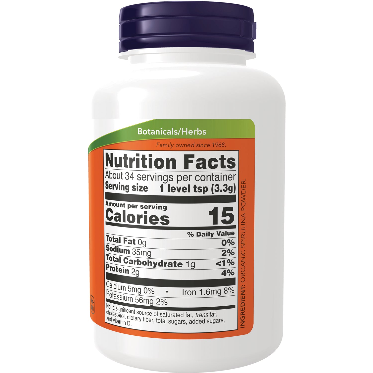 NWF710 | White supplement bottle back with Nutrition Facts label showing serving size 1 level tsp (3.3g) and Calories 15