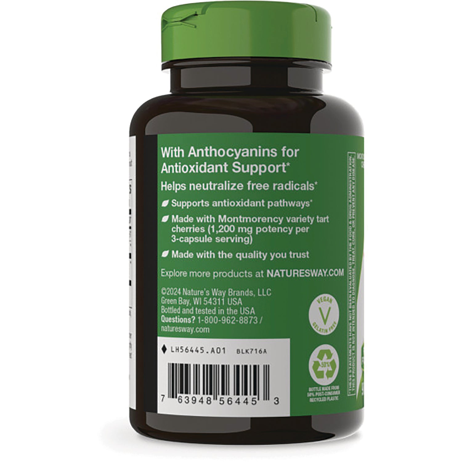 ET436 | Back of brown supplement bottle with green label reading With Anthocyanins for Antioxidant Support, barcode and vegan and recycling icons