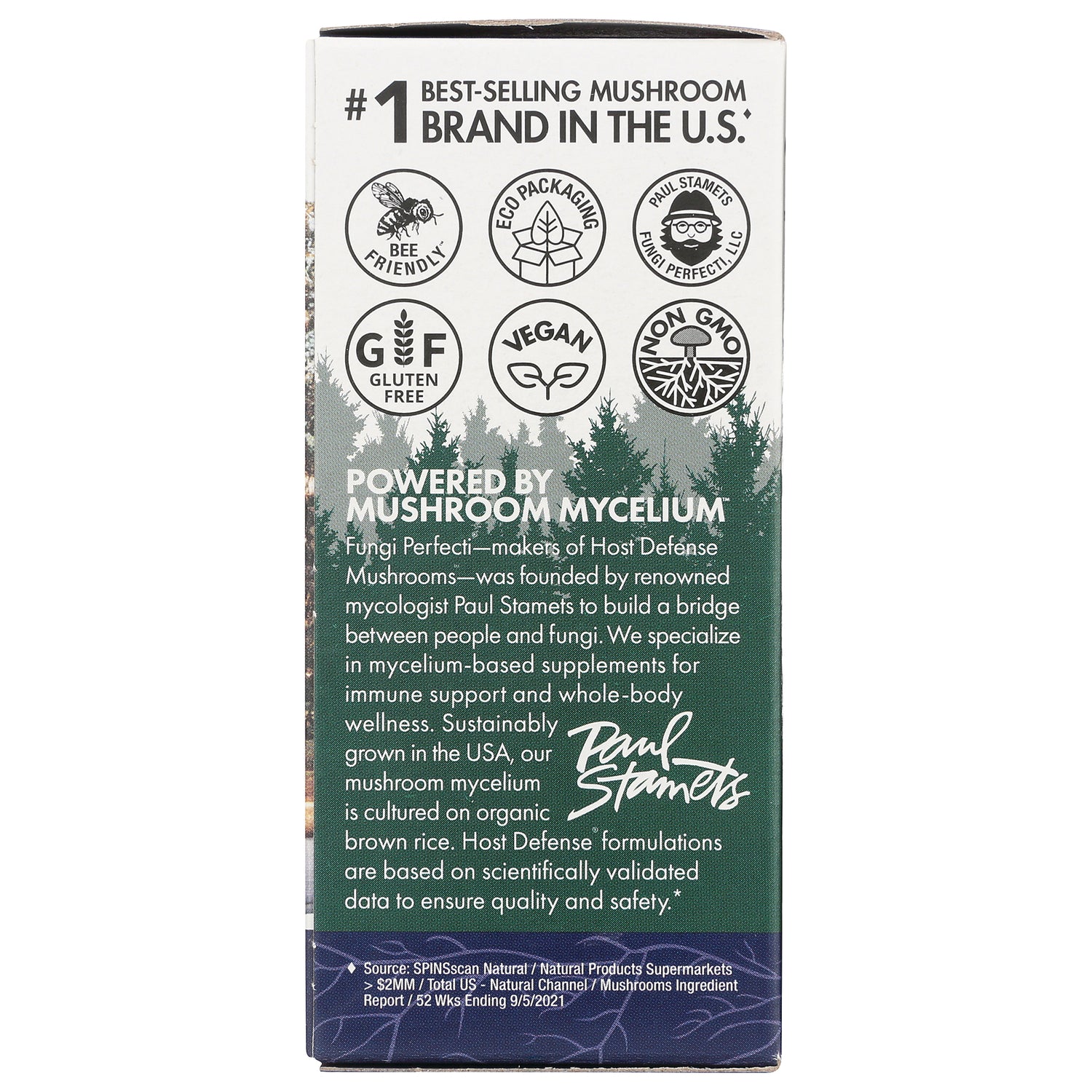 FUN011 | Back panel showing mushroom mycelium information, certification icons (bee friendly, eco packaging, gluten free, vegan, non GMO) and Paul Stamets signature
