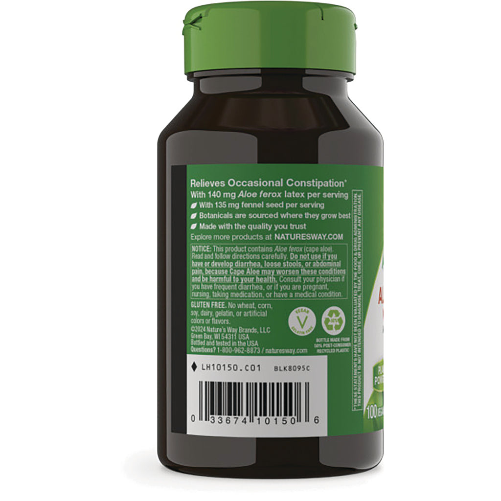 NW108 | Back label of brown supplement bottle with green cap showing Relieves Occasional Constipation text, ingredient panel and barcode - Thumbnail