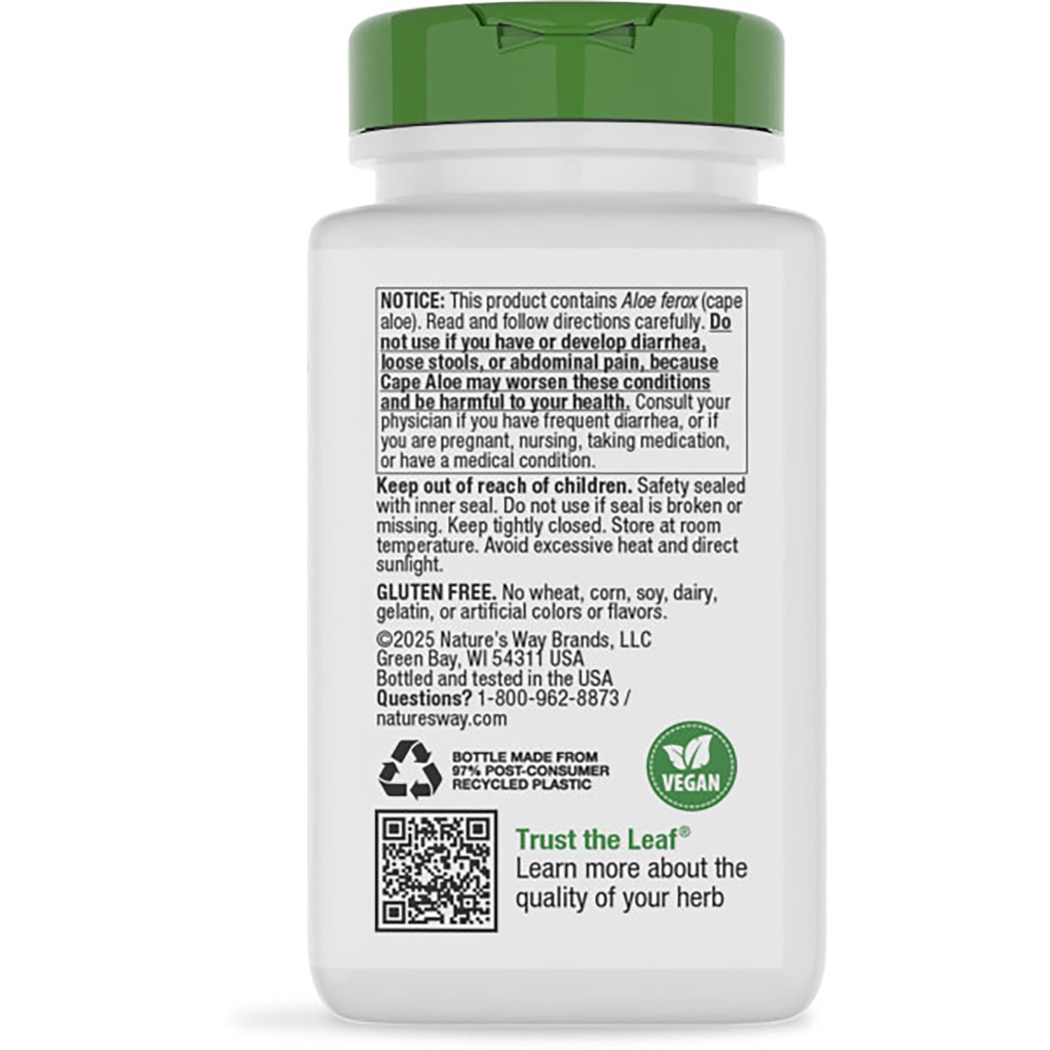 NW108 | Back label of brown supplement bottle with green cap showing Relieves Occasional Constipation text, ingredient panel and barcode
