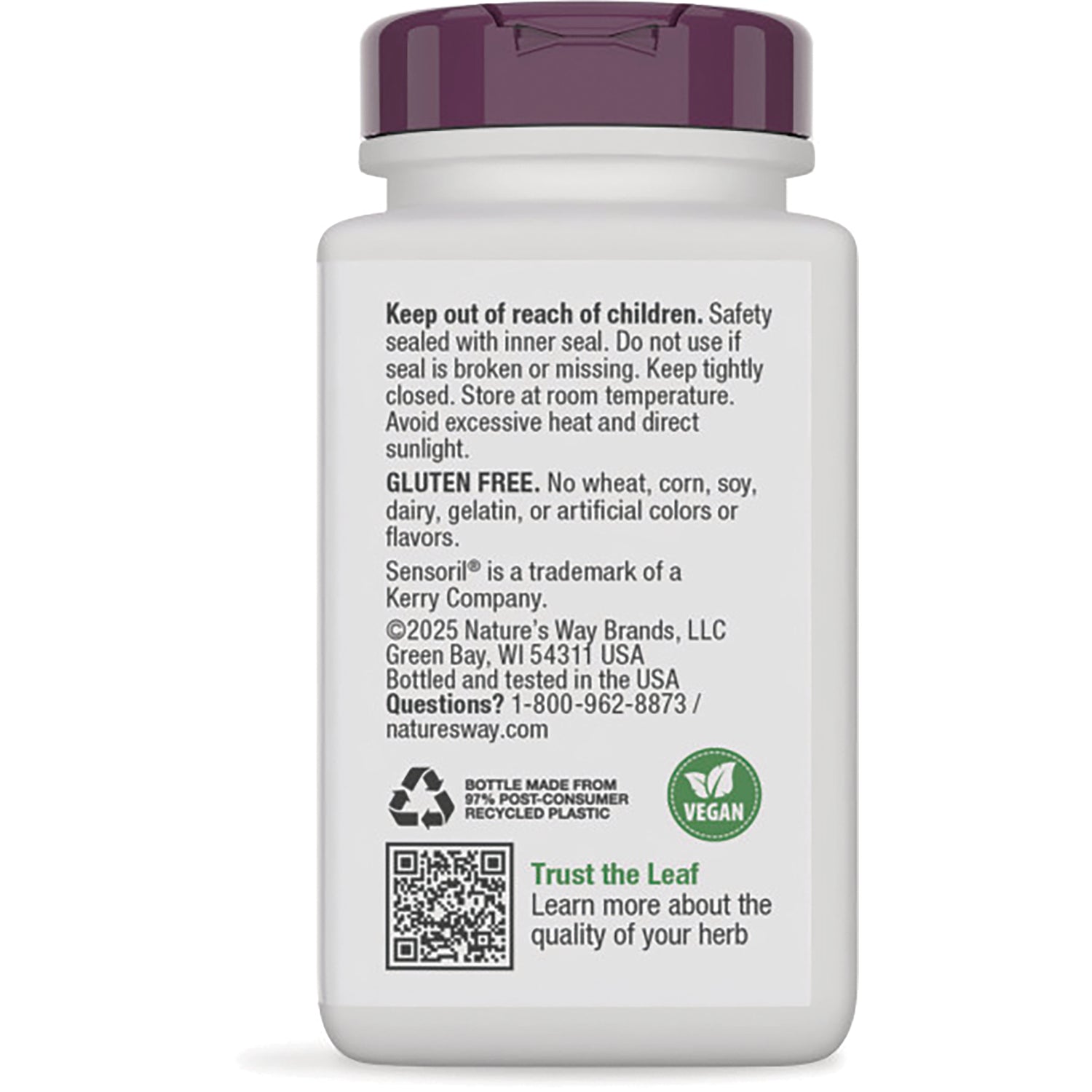 NW783 | Back label of white supplement bottle showing safety instructions, gluten free statement, vegan icon and QR code
